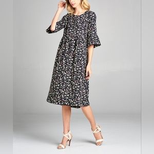 Navy & Pink Floral Ruffle-Sleeve Pocket Midi Dress